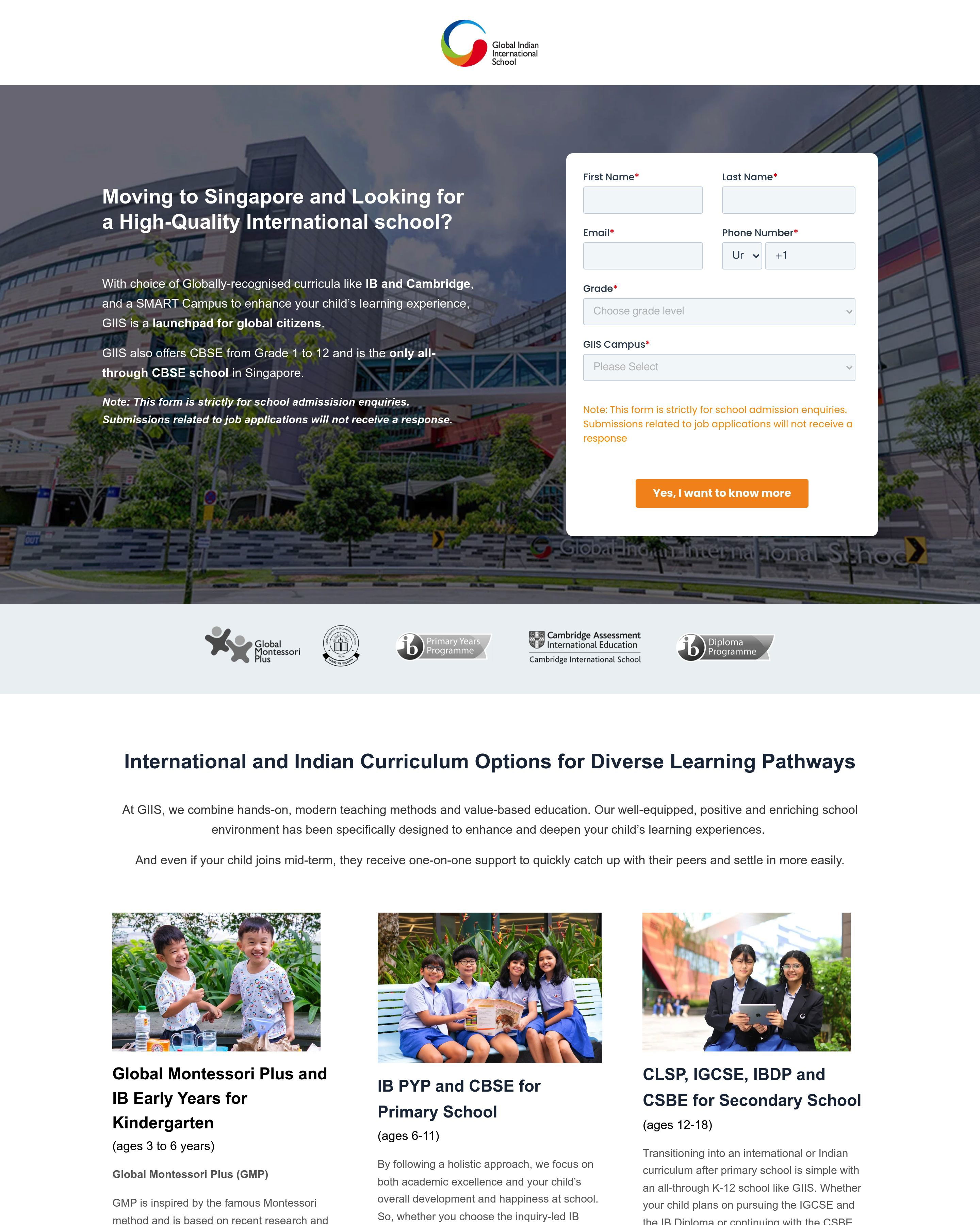 Global Indian Internation School - School Admissions landing page