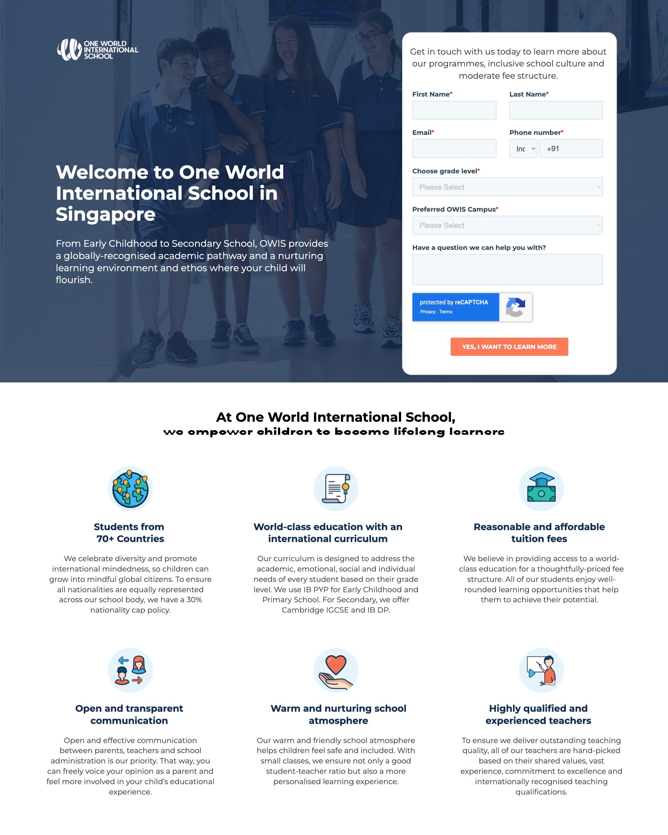 One World Internation School - School Enrollment landing page
