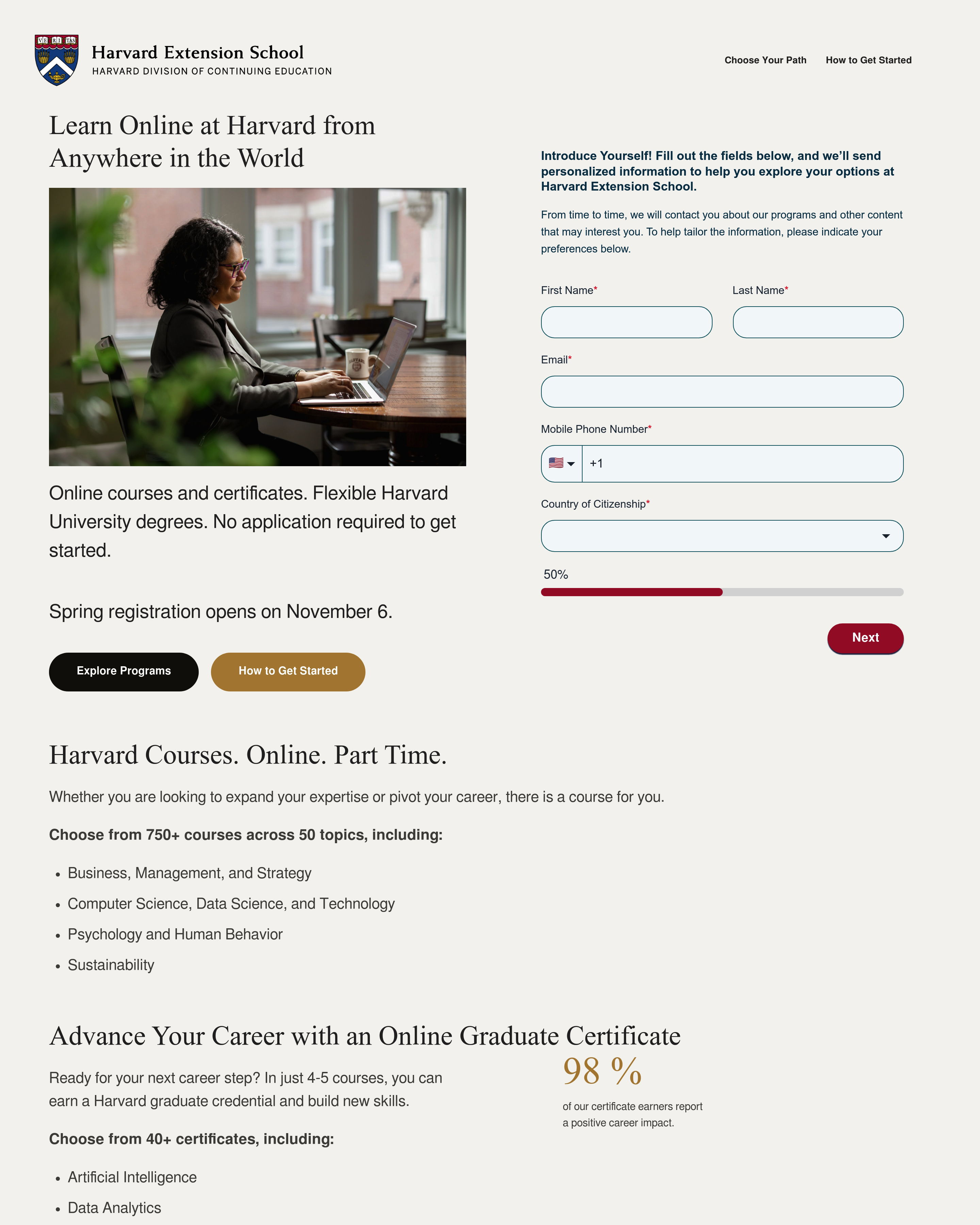 Harvard - Harvard Enrollment landing page