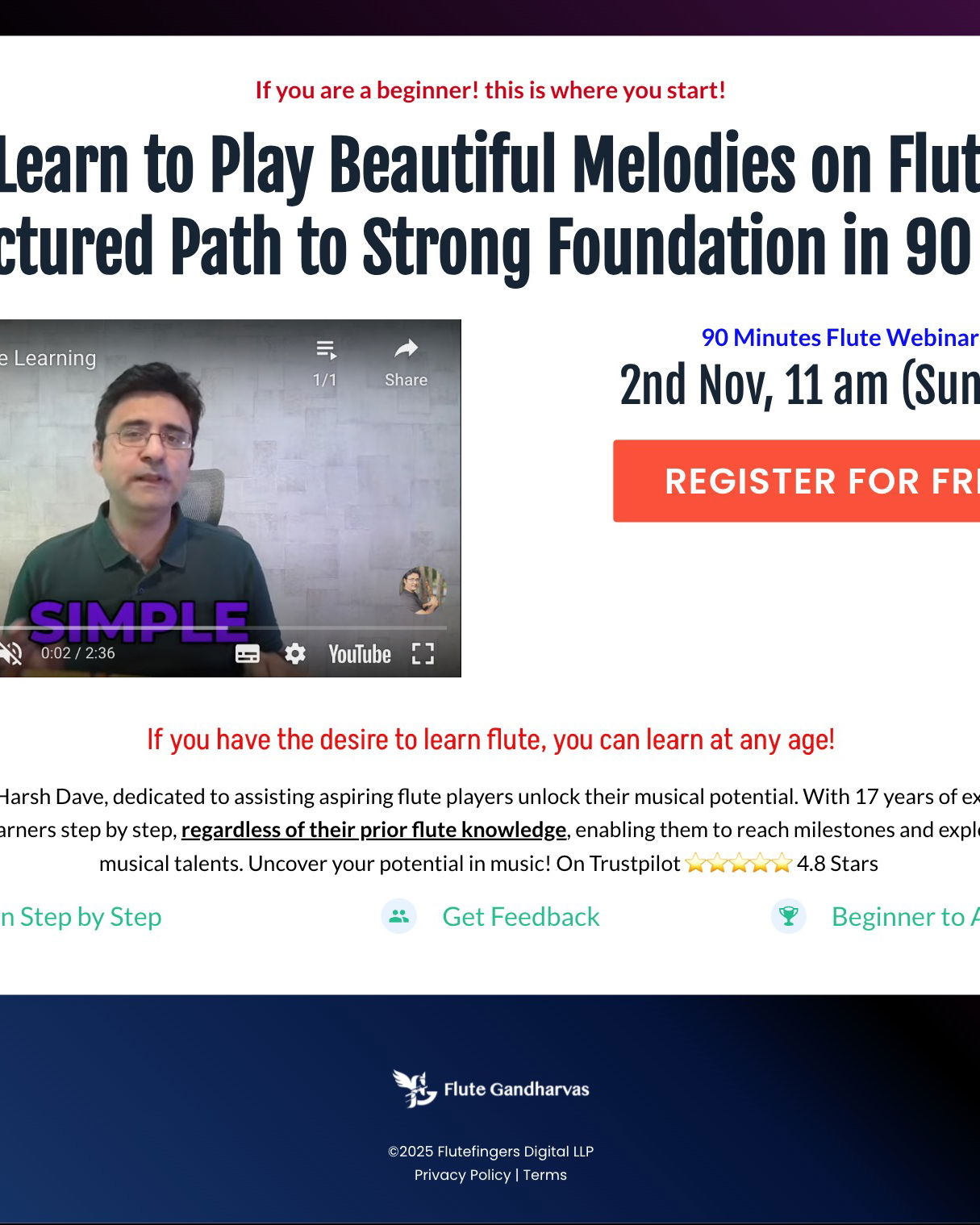 Flute Gandharvas - Flute Webinar landing page