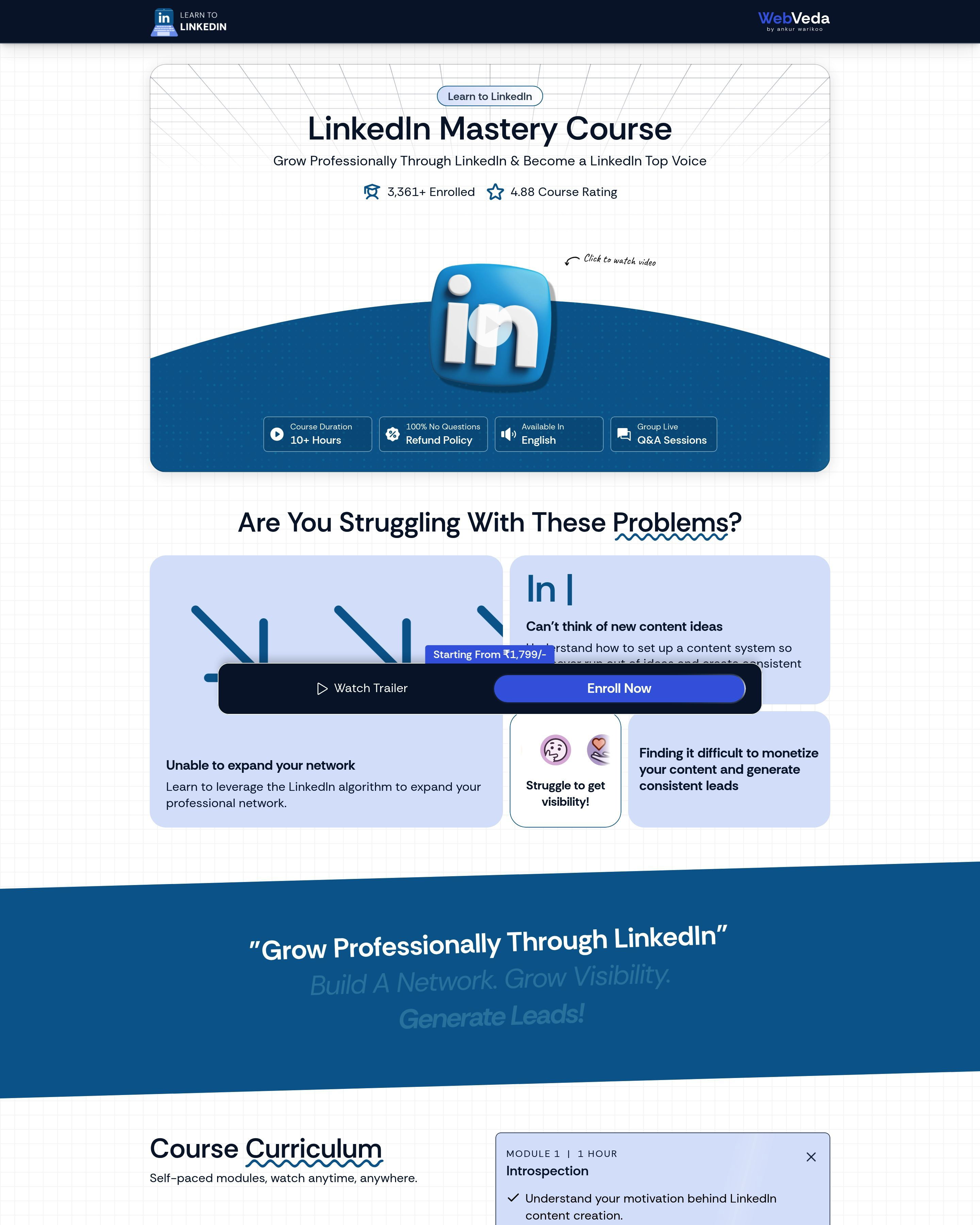 Webveda by Ankur Warikoo - LinkedIn Course landing page