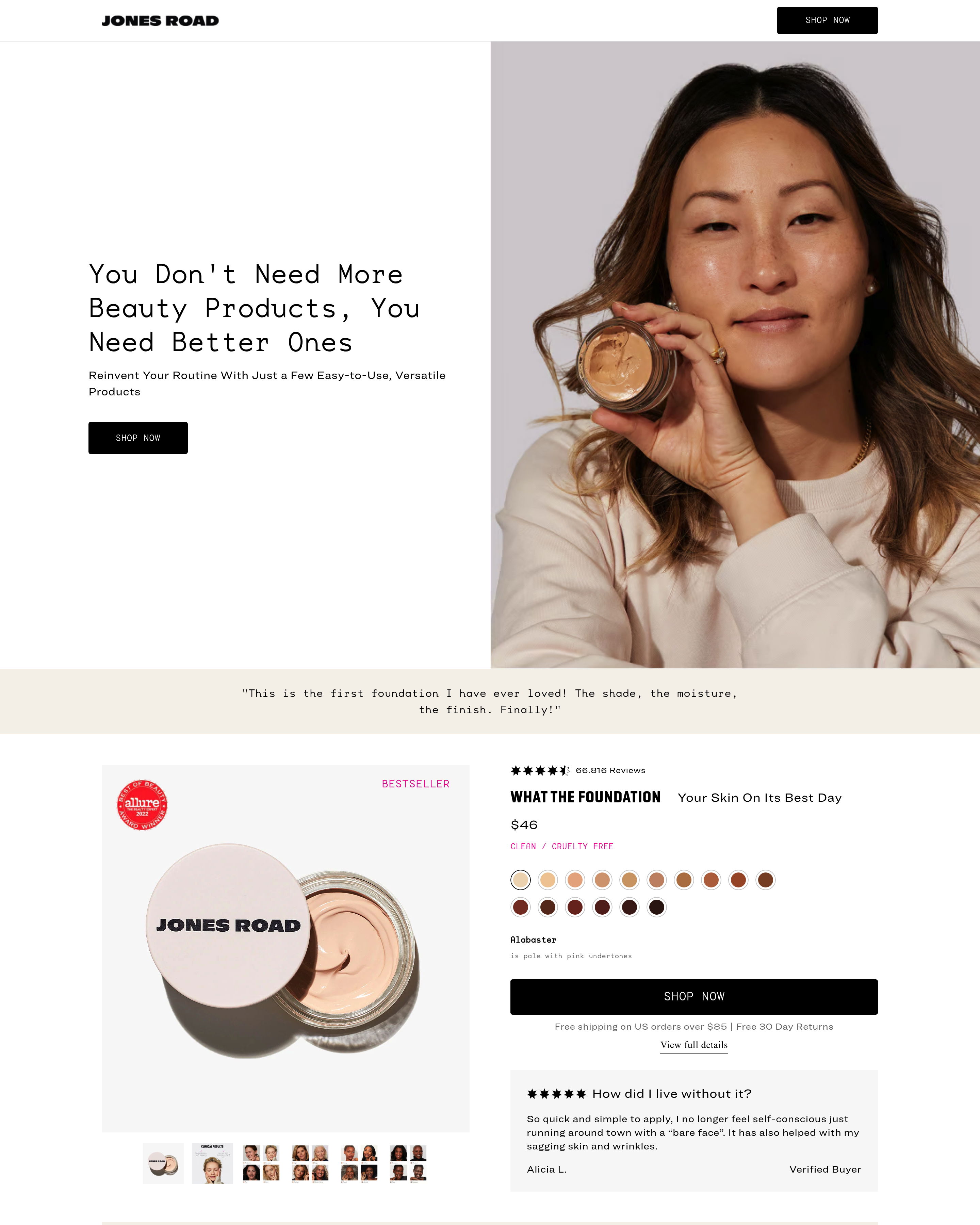 Jones Road Beauty - Beauty Product landing page