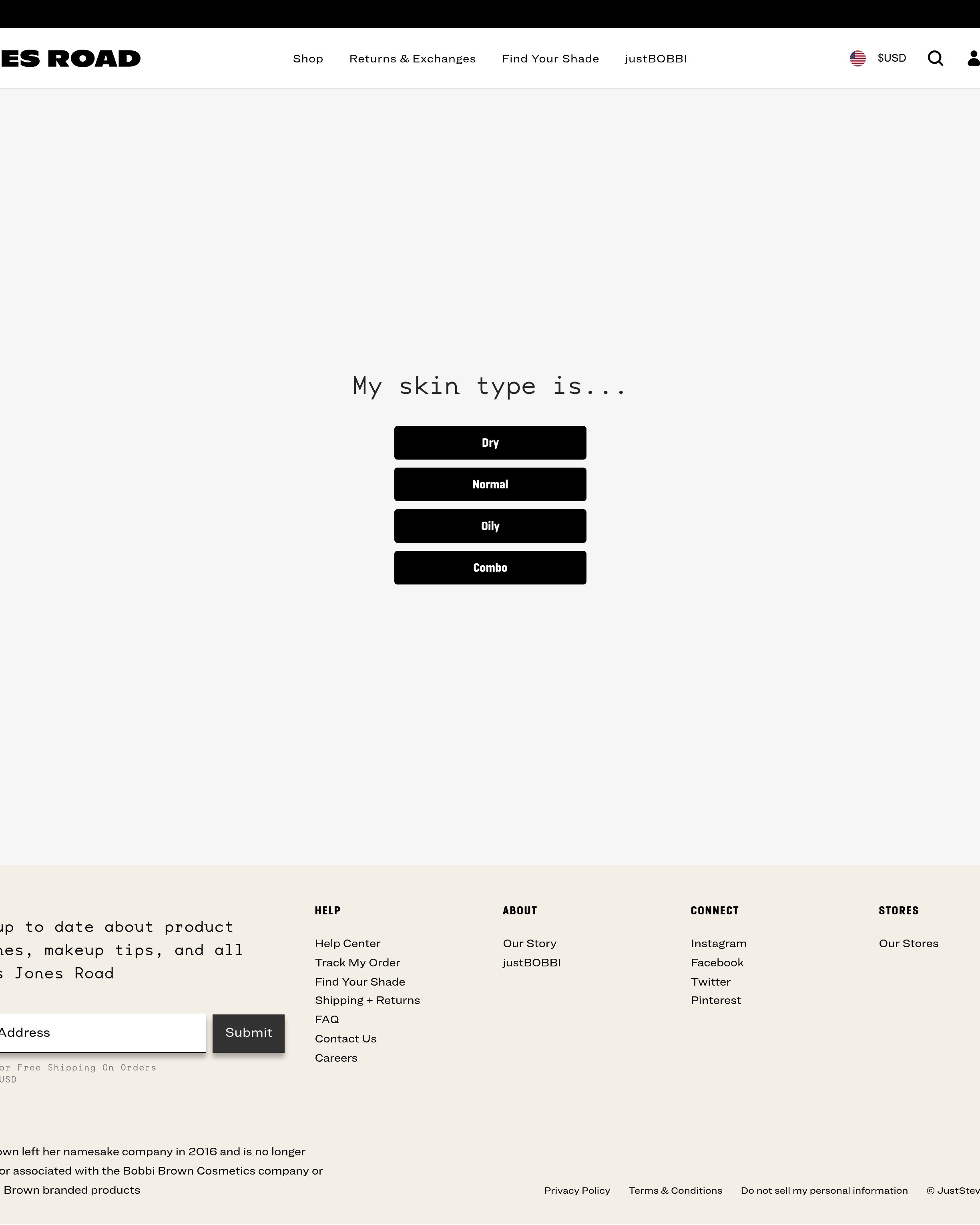 Jones Road Beauty - Skin Type landing page