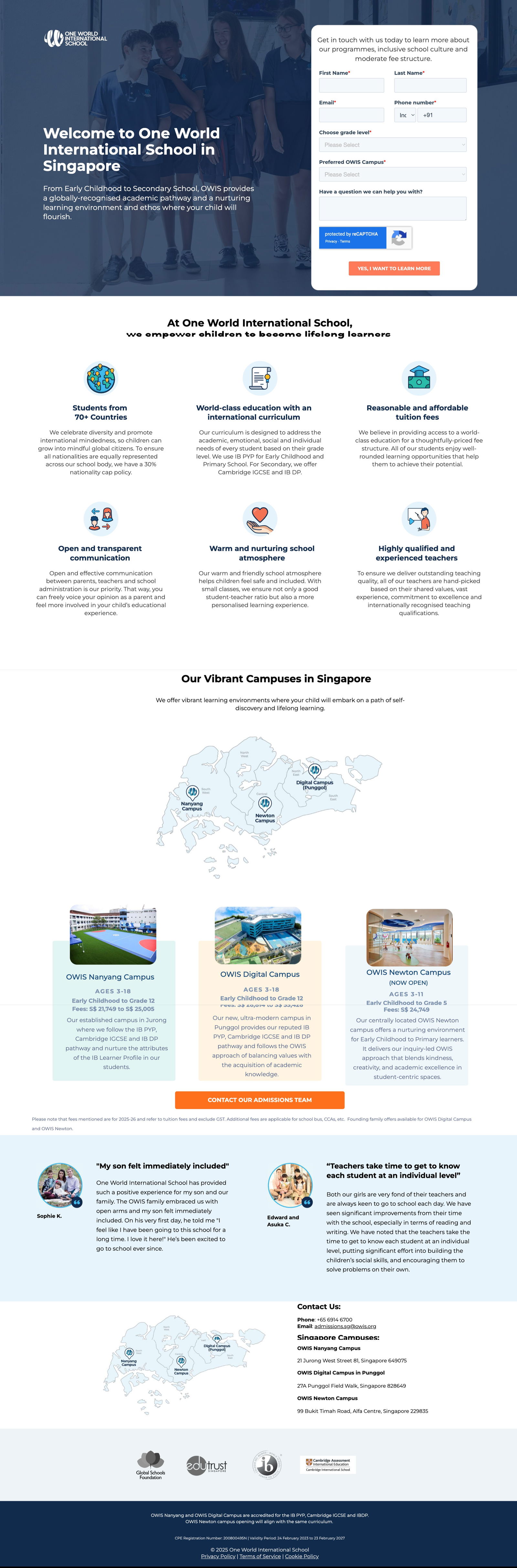 One World Internation School - School Enrollment landing page