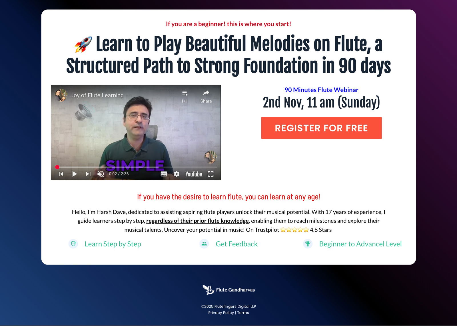 Flute Gandharvas - Flute Webinar landing page