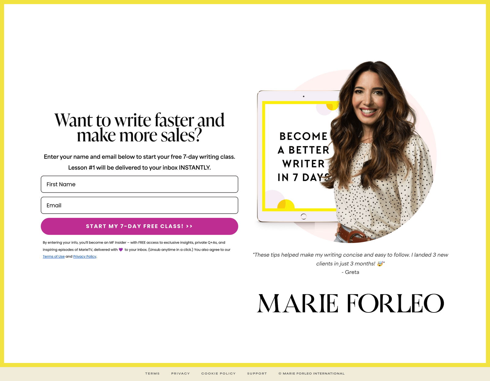 Marie Forleo - Writing Class landing page