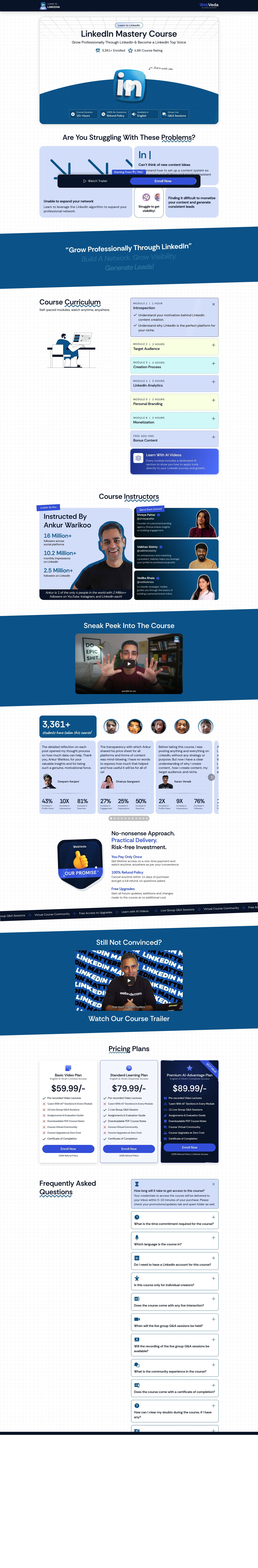 Webveda by Ankur Warikoo - LinkedIn Course landing page