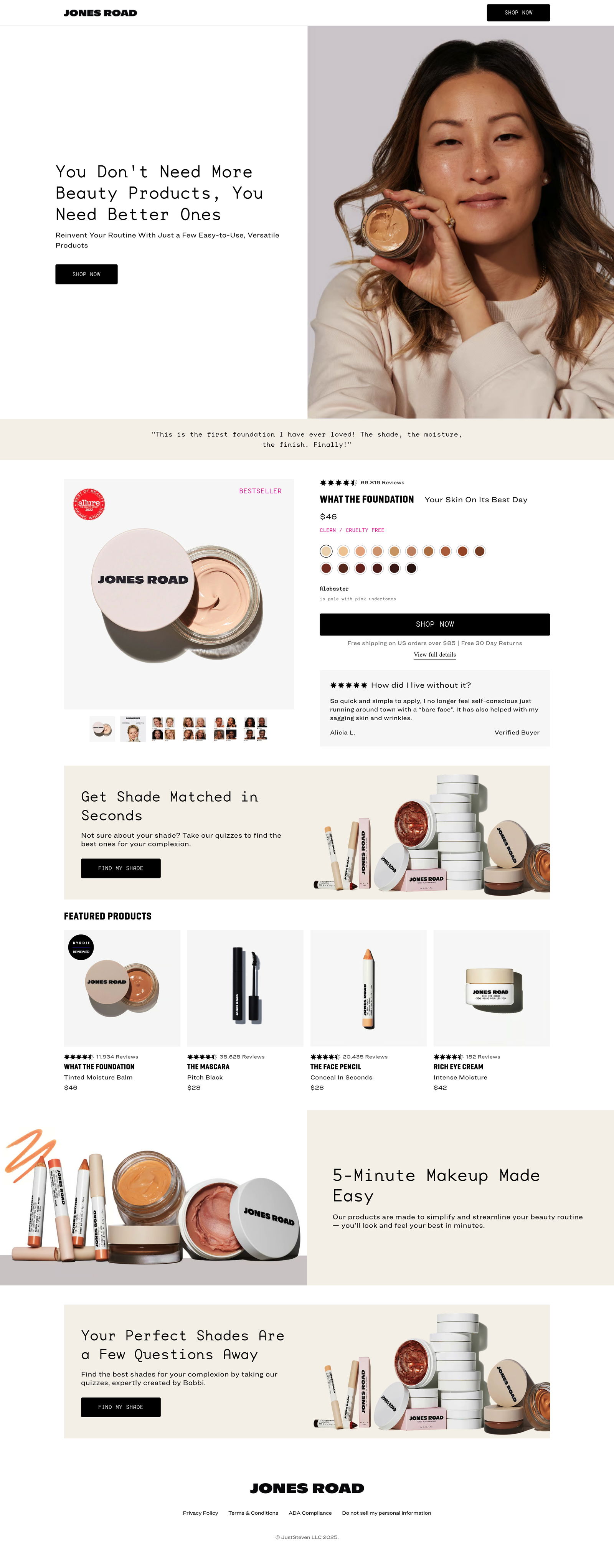 Jones Road Beauty - Beauty Product landing page
