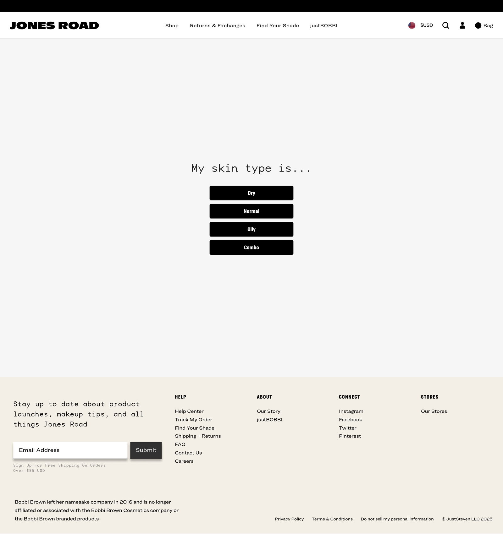 Jones Road Beauty - Skin Type landing page