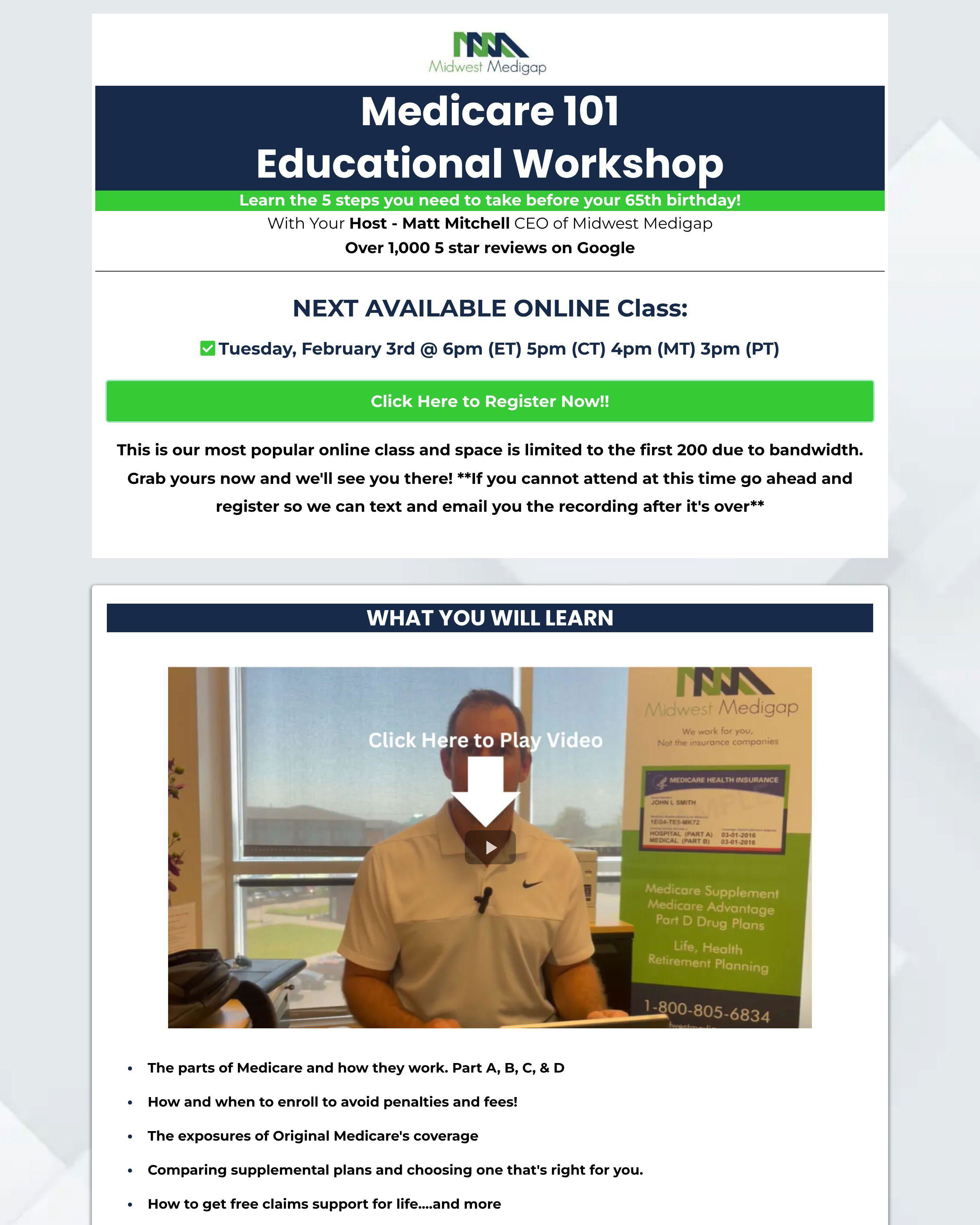 Medicare Workshop landing page