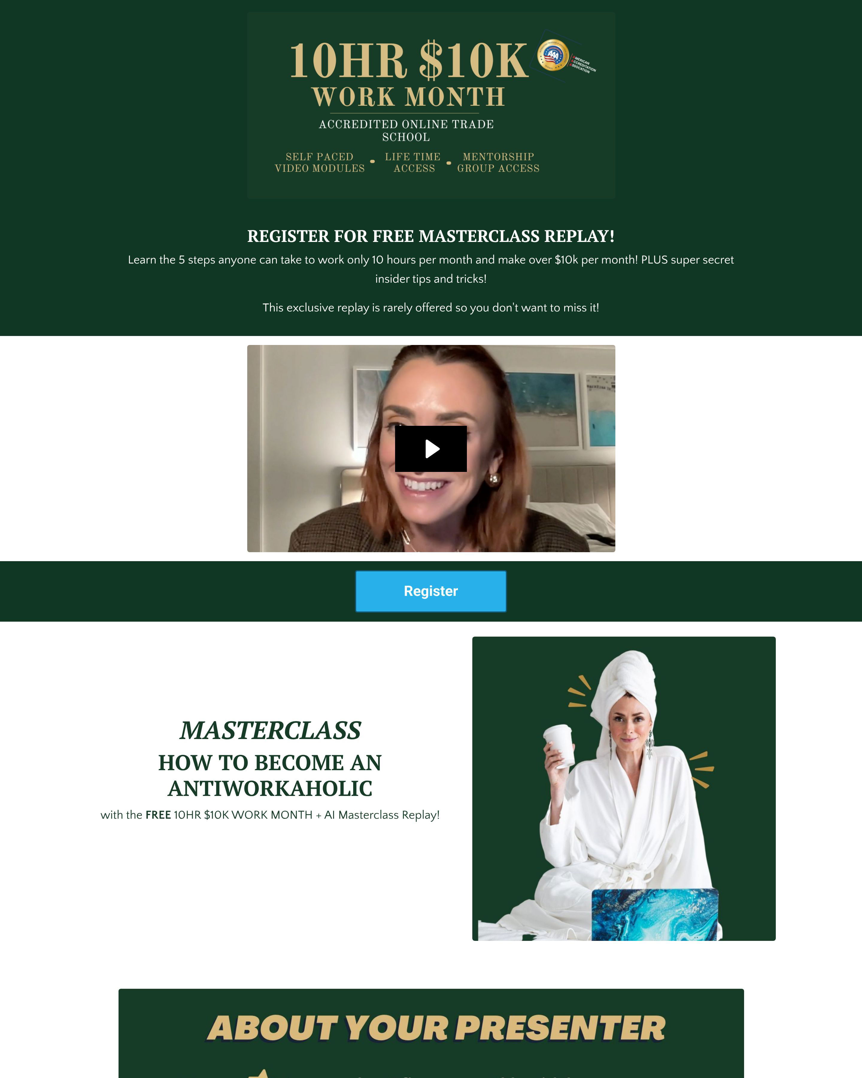 Antiworkaholic Masterclass landing page