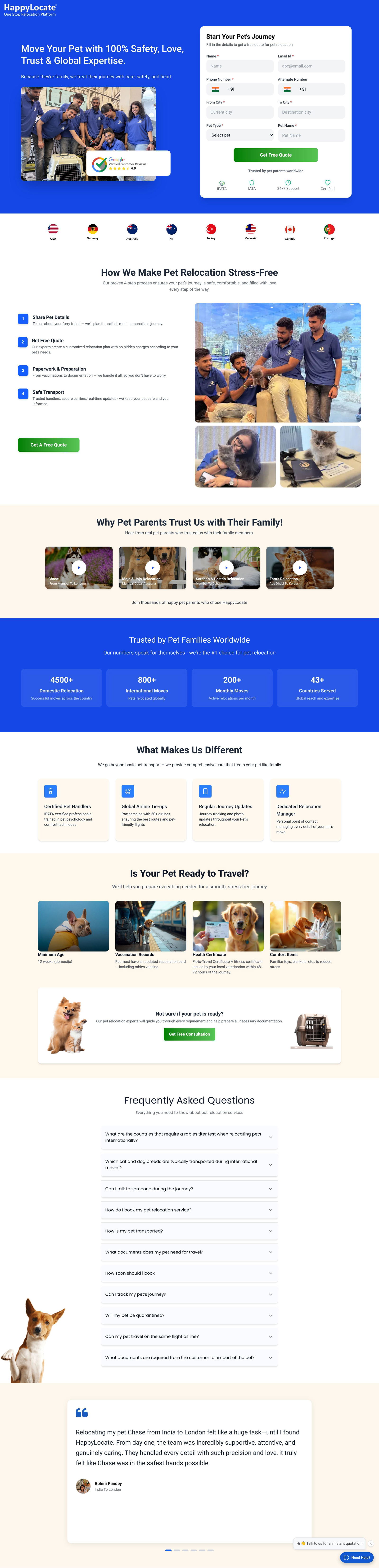 Pet Relocation landing page