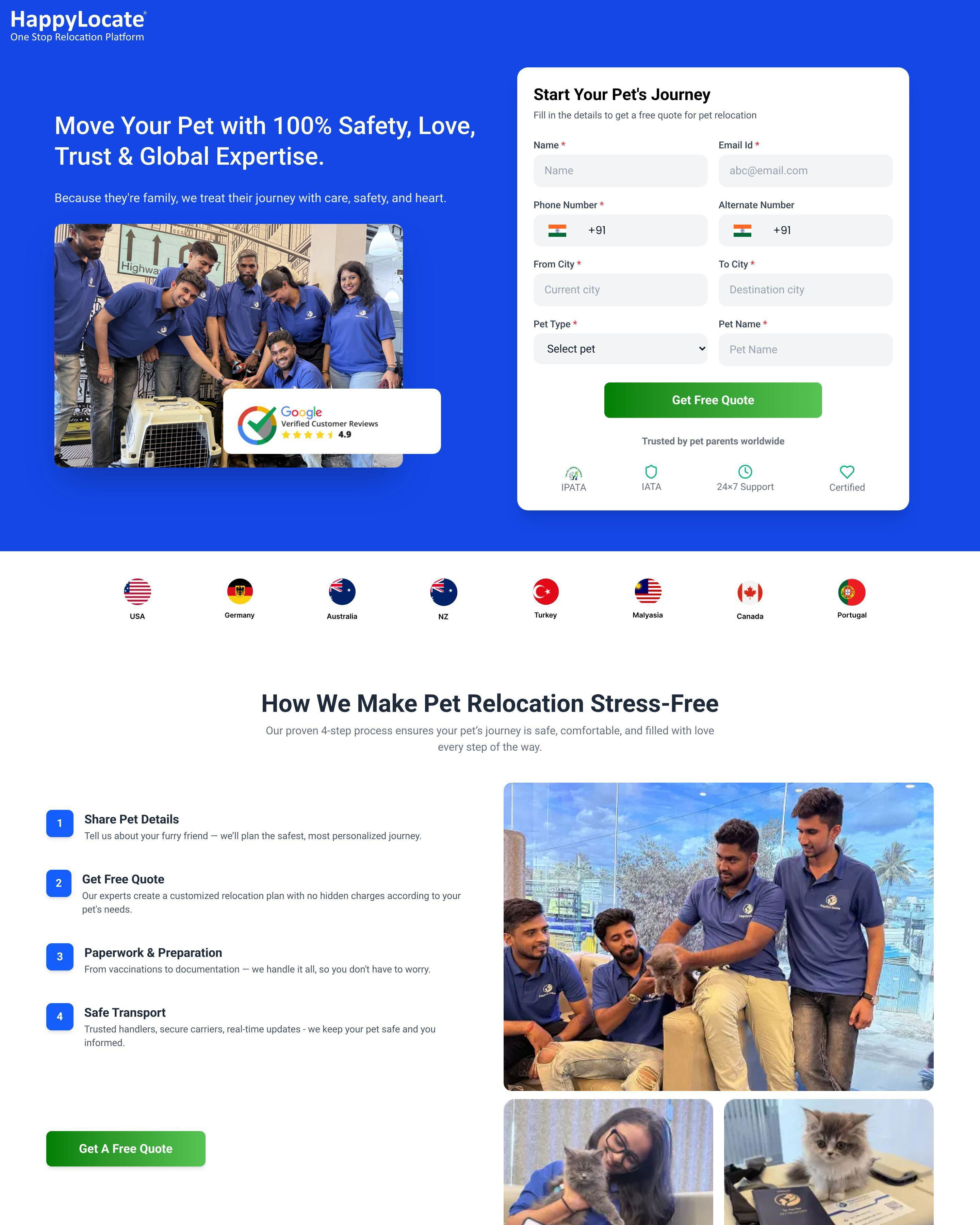 Pet Relocation landing page