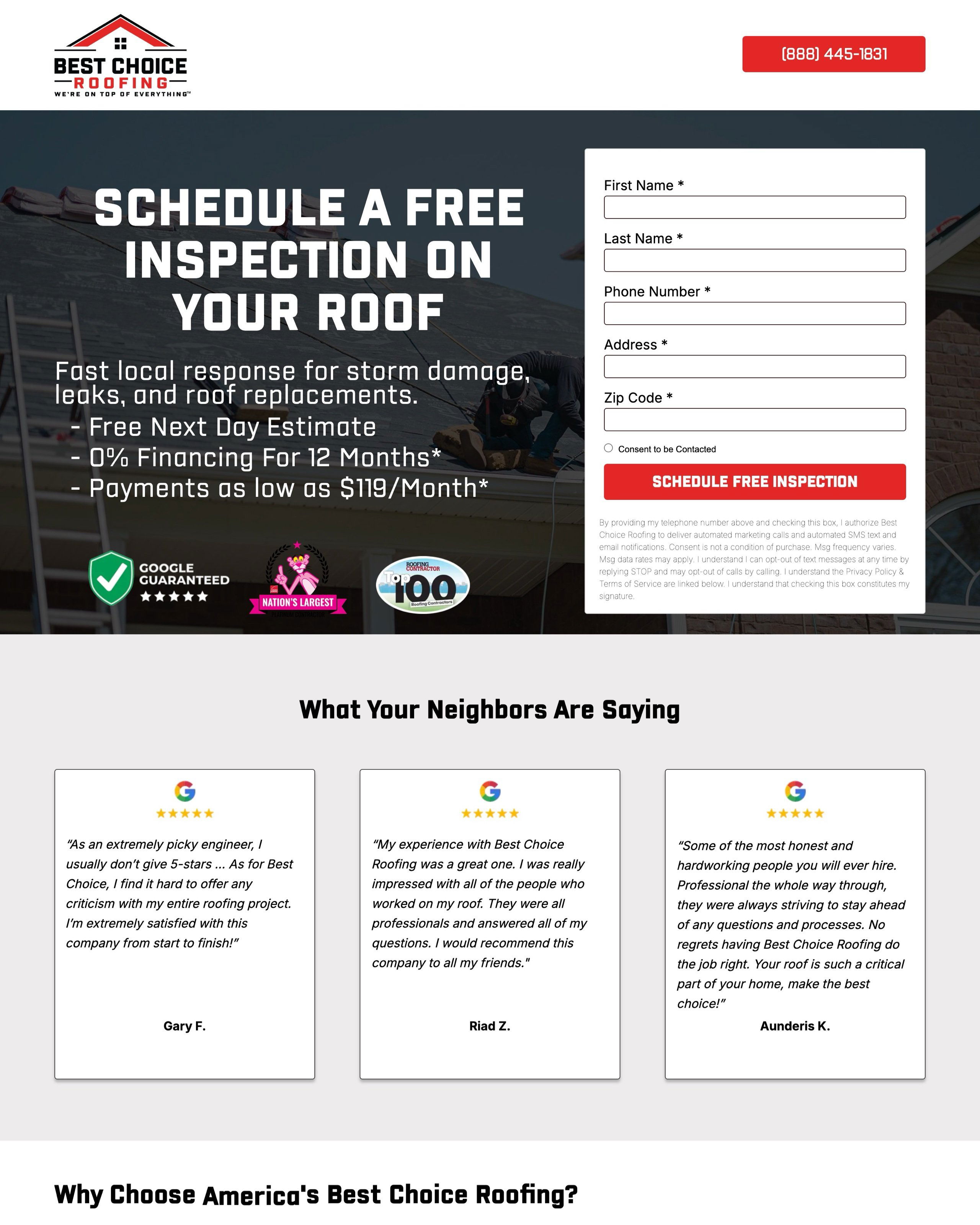 Roofing Estimate landing page